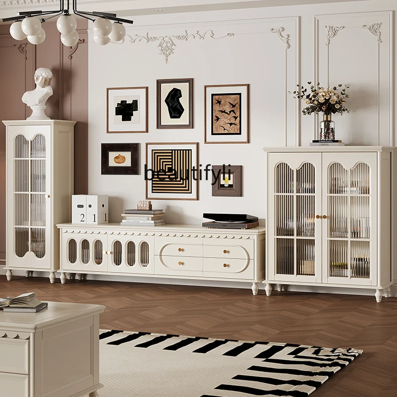 

American solid wood wine cabinet glass door TV cabinet next to storage side cabinet living room cream wind