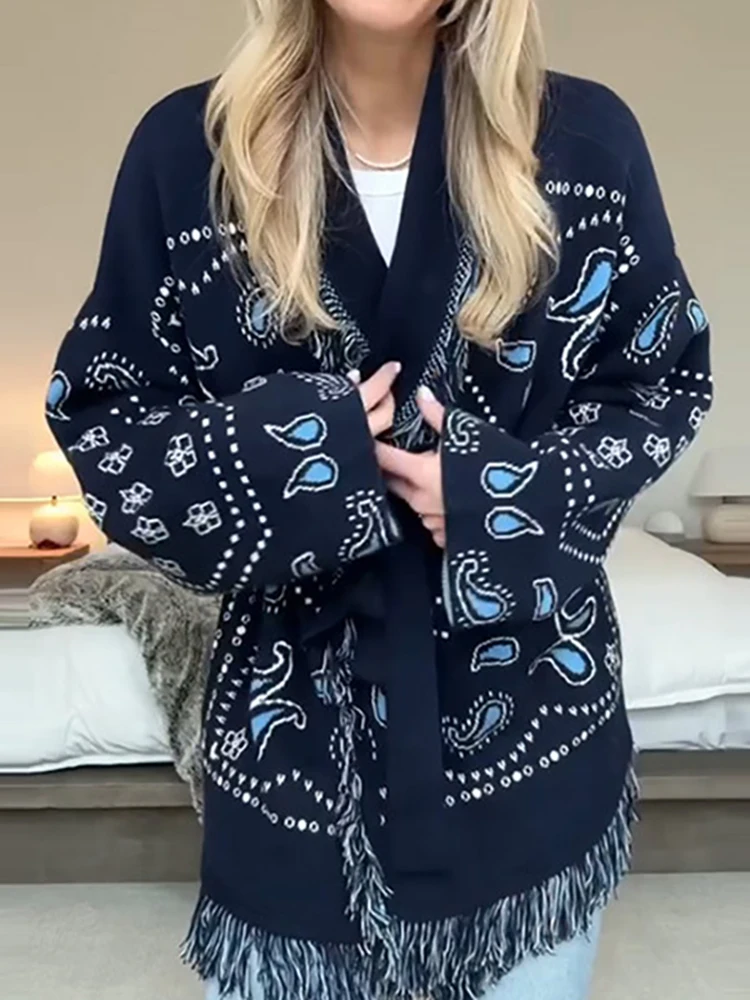 

Элегантные вязаные пальто с кисточками в стиле пэчворк, женские повседневные топы со шнуровкой на талии, осень-зима, сексуальный свитер с v-образным вырезом и длинными рукавами, куртка