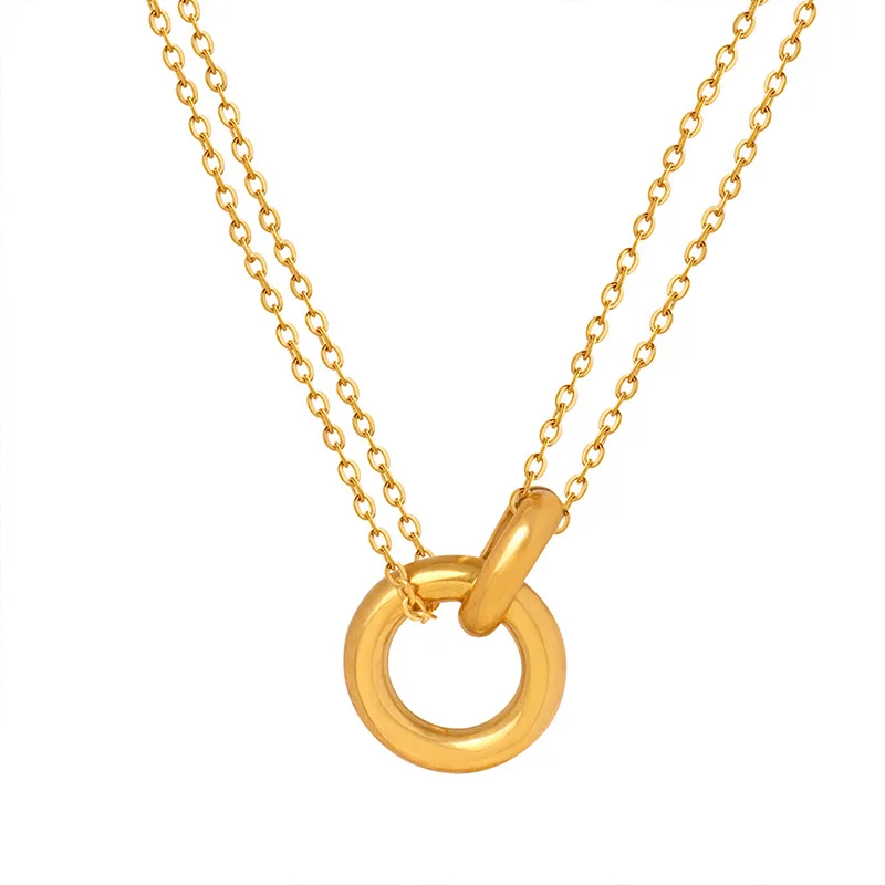 Two-tone Circular Ring Pendant Necklace For Women 18k Gold Plated Stainless Steel Women\'s Chain Necklace