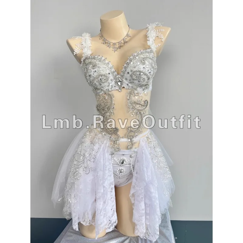 Customized Luxury Full Diamond Glitter Electric Syllable Tutu Skirt Concert Bar DJ Show Coat Bra Pants Skirt Display