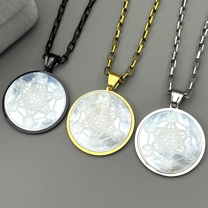 

Natural Shell Yoga Hindu Buddhism 7 Chakra Stainless Steel Necklace Sacred Angel Seal Metatron Symbol Necklace Jewelry Gift