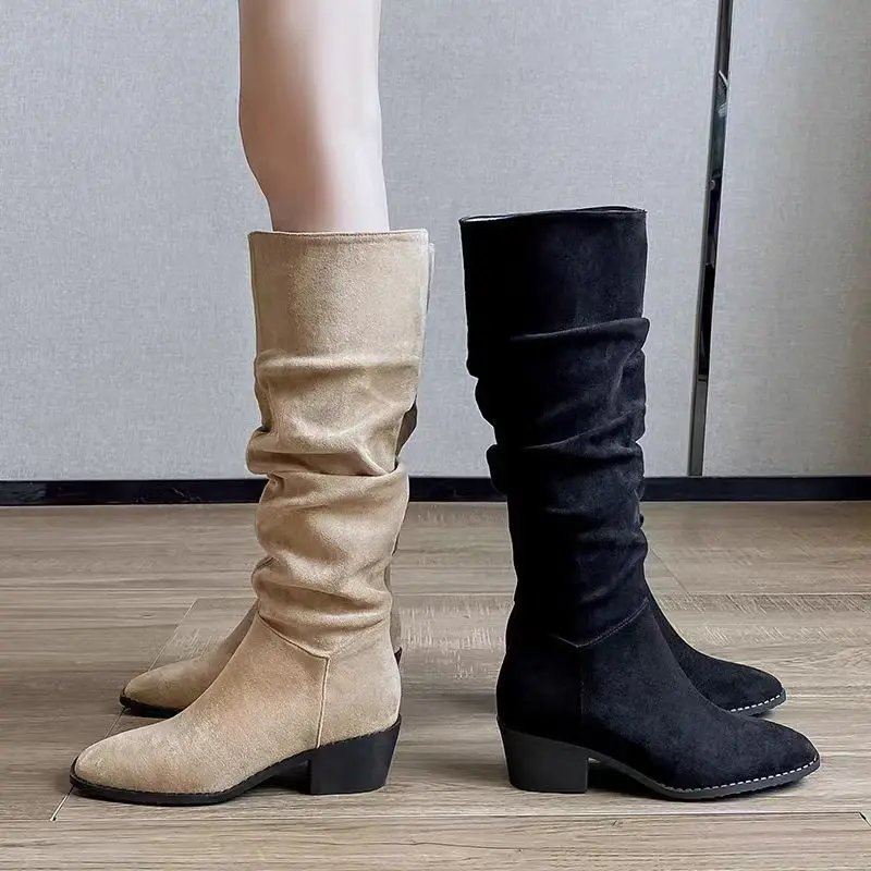 Knight boots 2025 new autumn mid length slim long boots pile up boots long leg women's boots