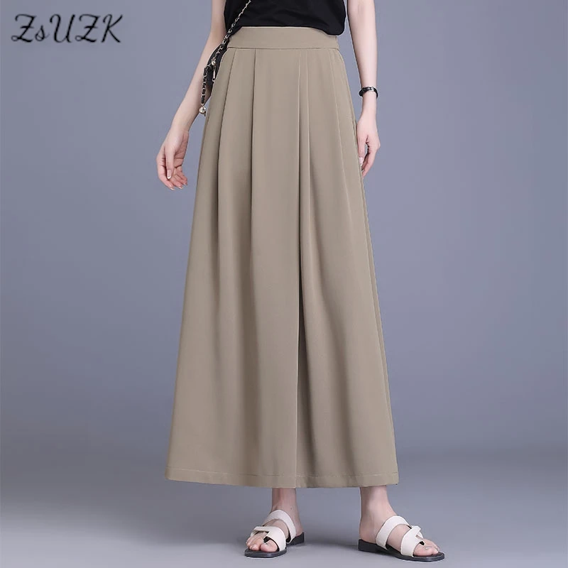 

ZUZK Summer Ice Silk Skirt Pants Women Elastic Wasit Wide Leg Pants Hanging Style Skirt Pants Thin Cropped Pants Skorts