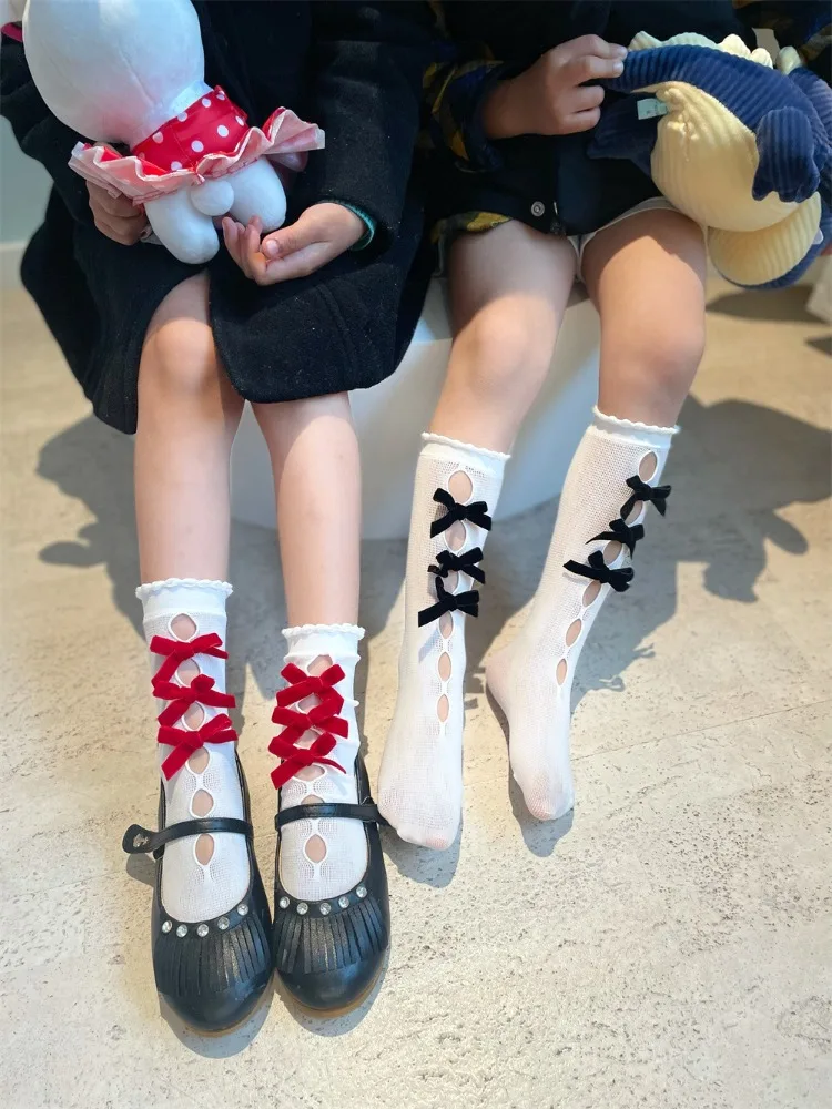 Christmas Sweet Red Bow Stockings Cute Socks for Holiday Parties Lolita Fishnet Mesh Ins Parent-child Hosiery