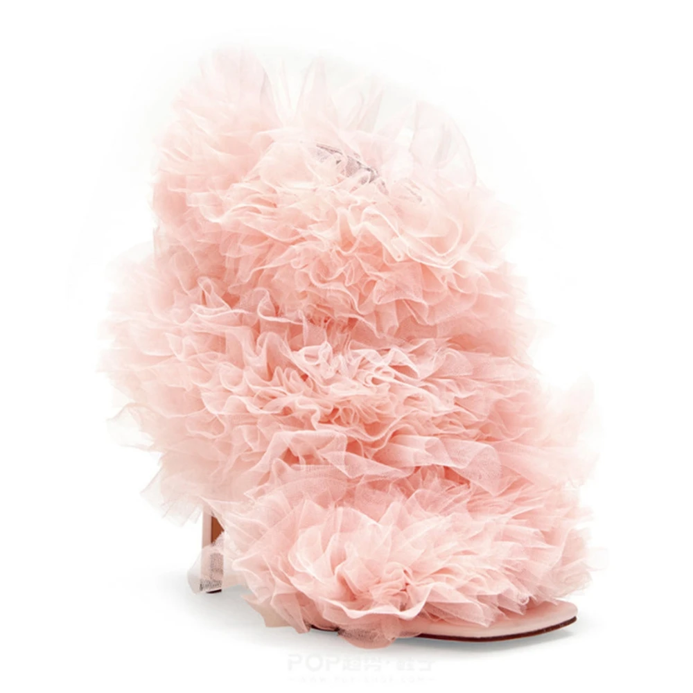 Sandal Sepatu Modis Hak Tinggi Hak Persegi Bunga Jaring Baru Wanita Zapatos Mujer