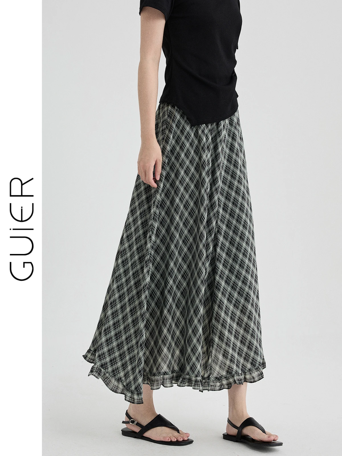 

Guier High Waist Plaid A-Line Midi Skirt Women's 2026 New Summer Slimming Vintage Drapey Half-length Skirts