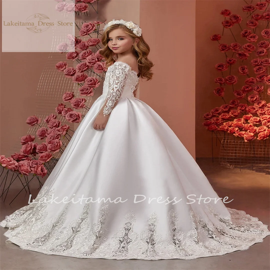

Lace Satin Flower Girl Dresses Applique Off Shoulder Puffy Elegant Kids Wedding Party Dress Birthday Evening Ball Gown