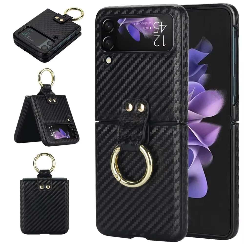 

New Leopard Print Leather Carbon Fiber Pattern Phone Case For Samsung Galaxy Z Flip 6 5 4 3 Ring Buckle Shockproof Protect Cover