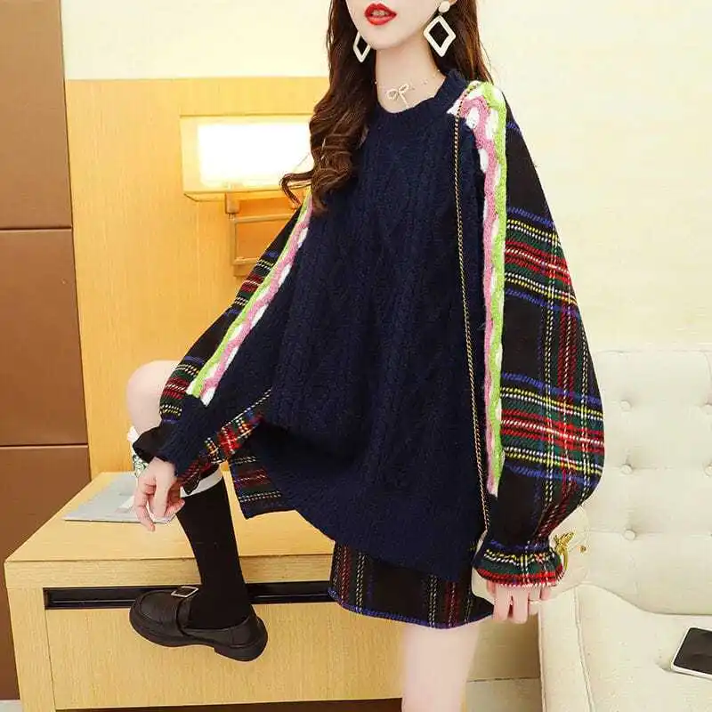 Fake Two Pieces Knitted Jumpers Vintage Plaid Spliced Autumn Winter New Casual Round Neck Women\'s Clothing Korean Loose Sweaters