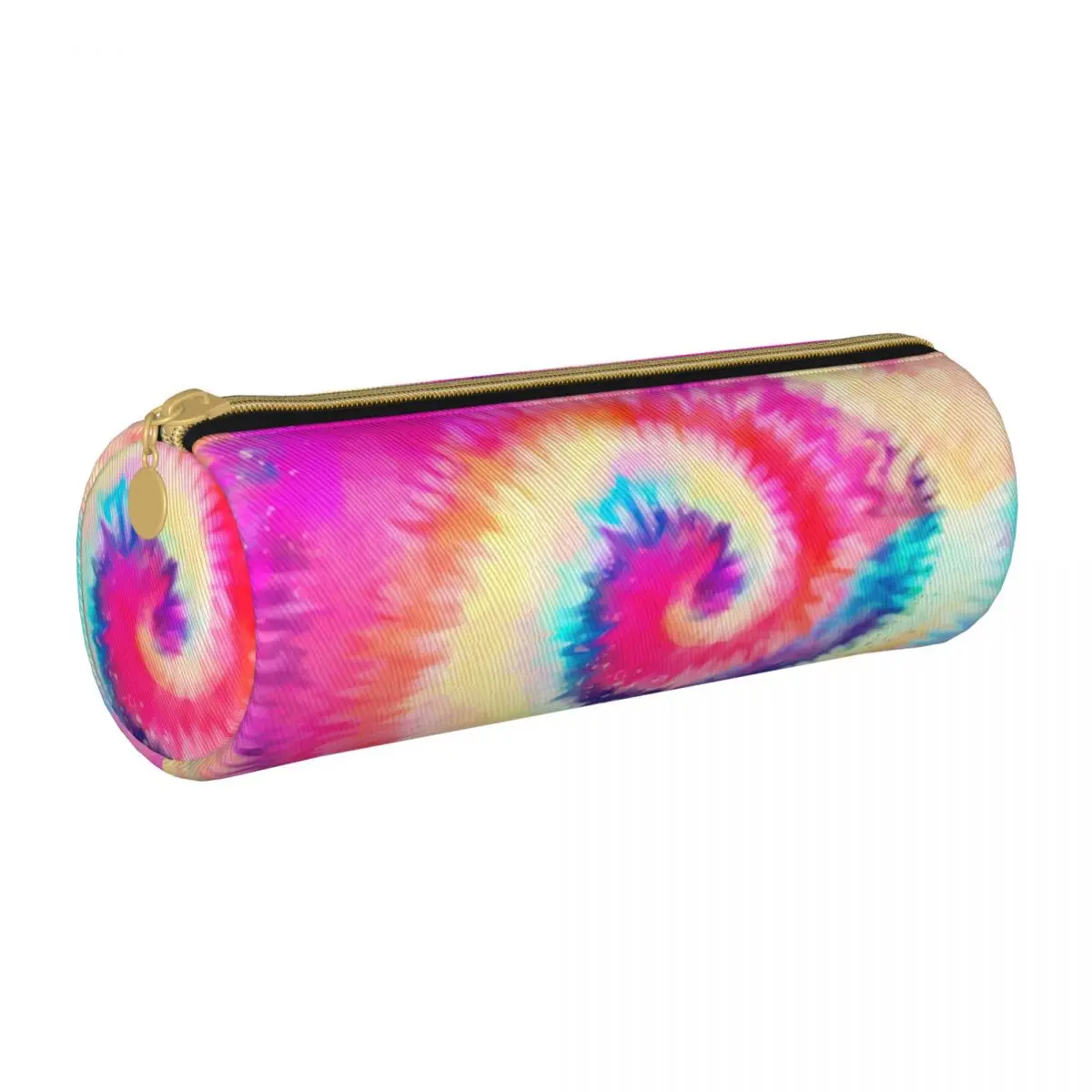 Ombre Tie Dye Round Pencil Case Rainbow Swirl Pink Yellow College Girls Boys Leather Pencil Box Cute Zipper Pen Organizer