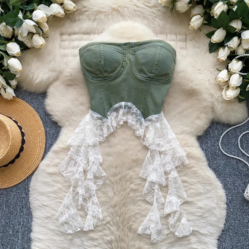 

Sexy Spliced lace Chic Crop Top Korean Tanks Top Women Women Corset Bustier women clothing