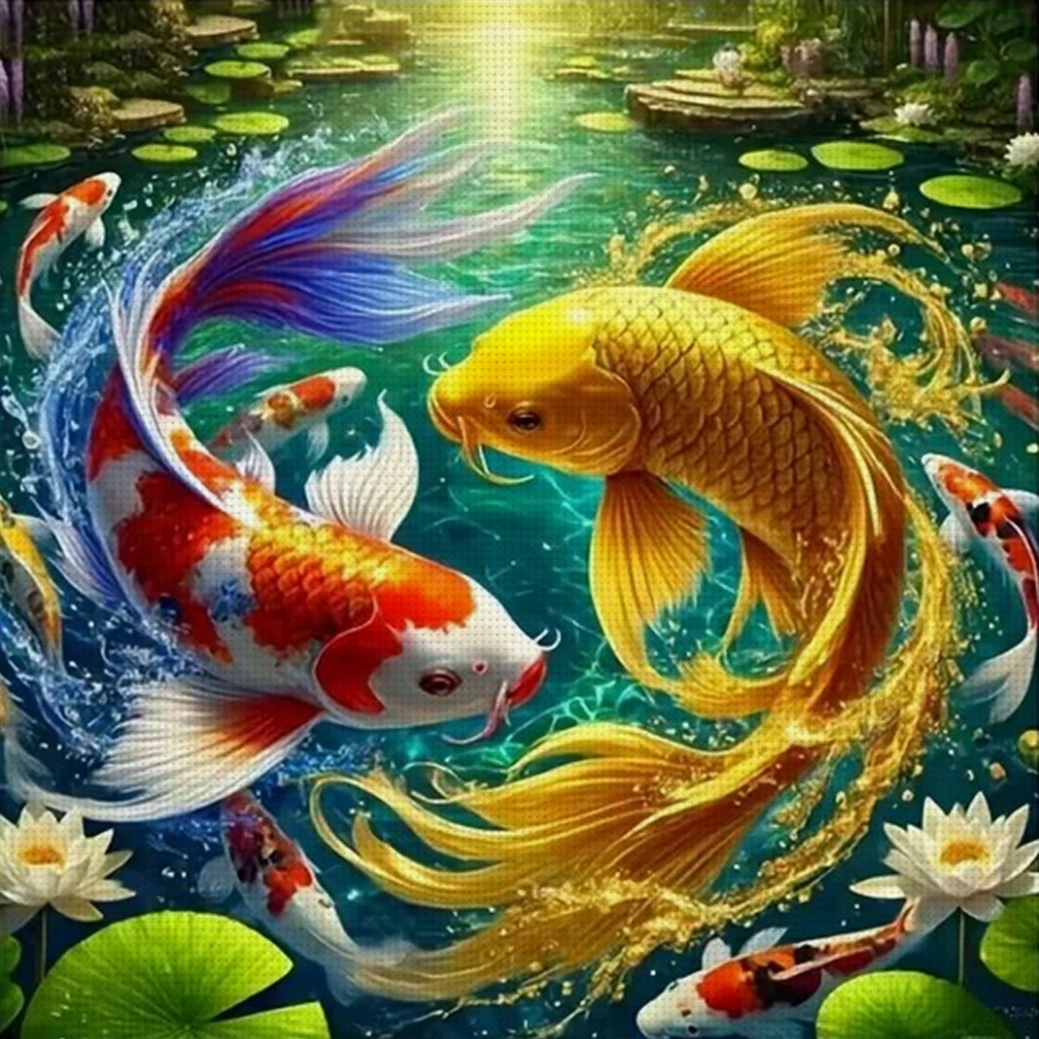 Wealth & Luck Koi Kreuzstich-Set zum Selbermachen, 11CT-Stickerei, Heimwanddekoration, Geschenk, handgefertigtes Material, rahmenlos, halbfertig, 36 x 36 cm