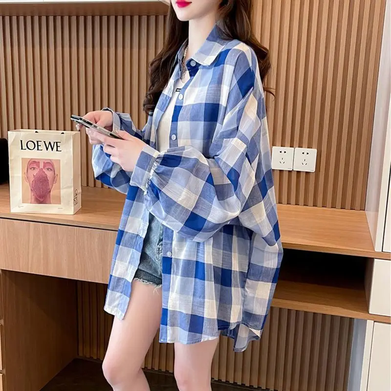 Women\'s Clothing Korean Plaid Loose Blouse Contrasting Colors Spring Summer Thin Long Sleeve Casual Basic Single-breasted Shirt