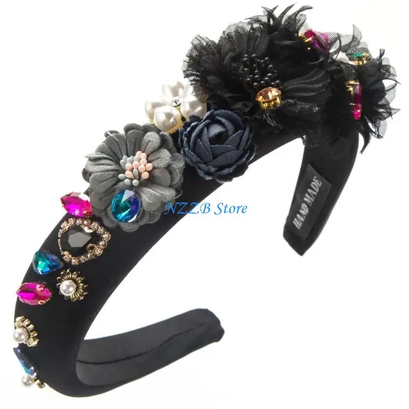

T21F Elegant Flower Headband for Female Fashion Rhinestones Studded Hairband Travel Hairhoop Nonslip Hairband Girl Hair Decors