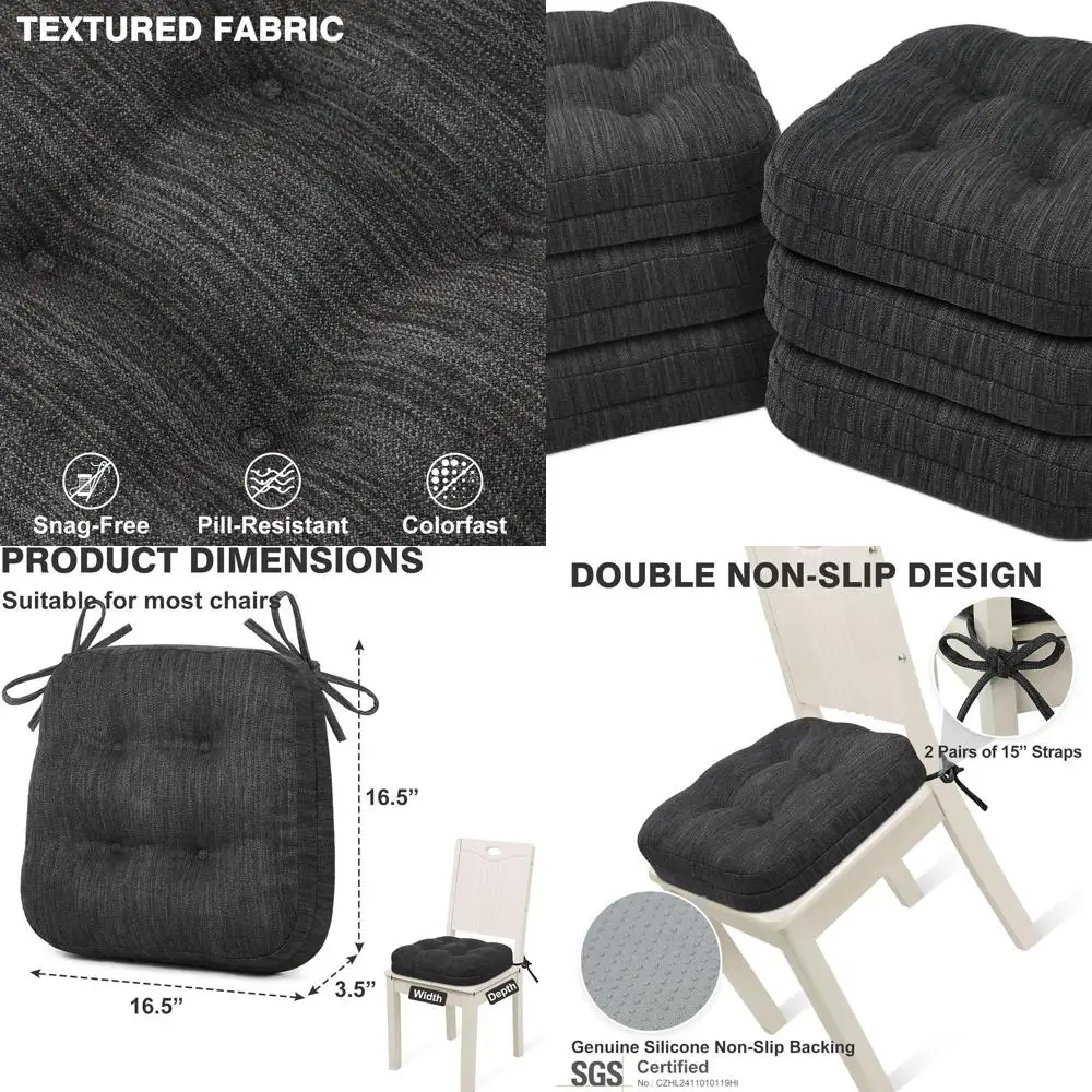 

Set of 6 Charcoal Dual-Layer Memory Foam Kitchen Chair Cushions with Ties, 16.5 x 16.5 x 3.5