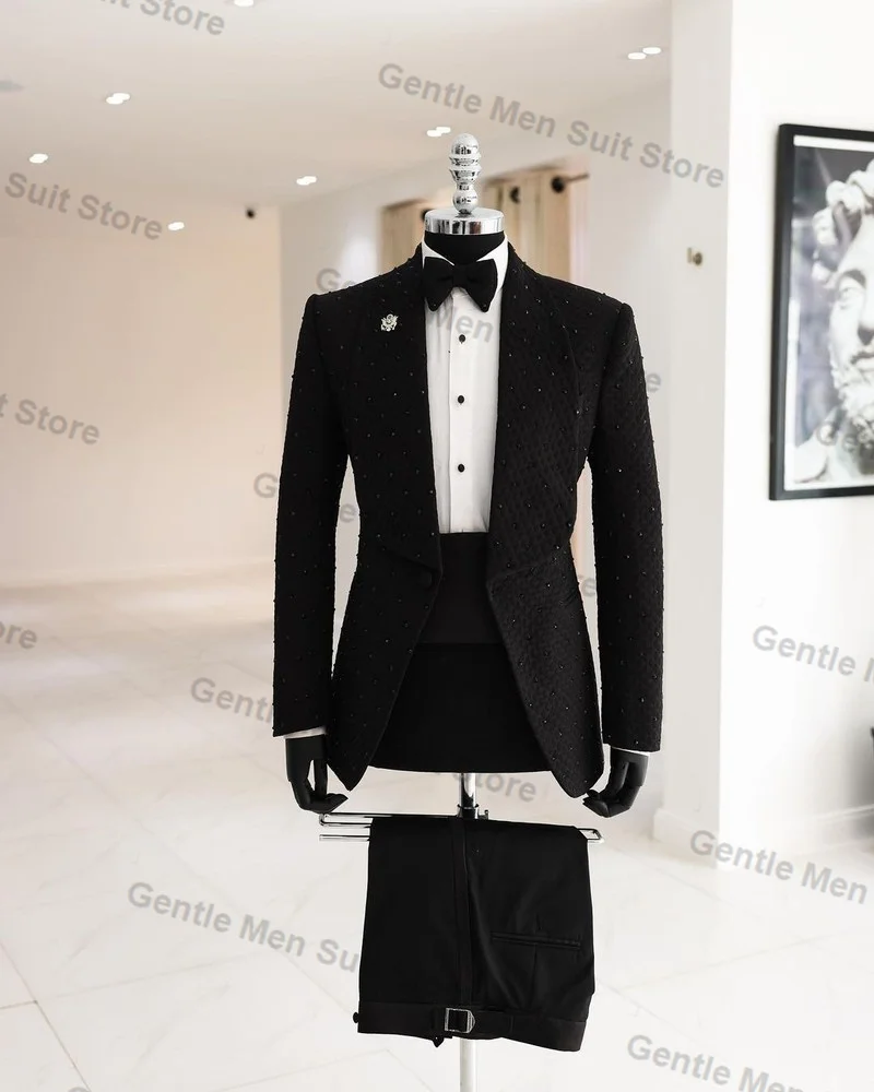 

Black Pearls Men Suits Set 2 Piece Blazer+Pants Luxury Prom Groom Wedding Tuxedo Coat Tailored Made Business Jacket Trousers