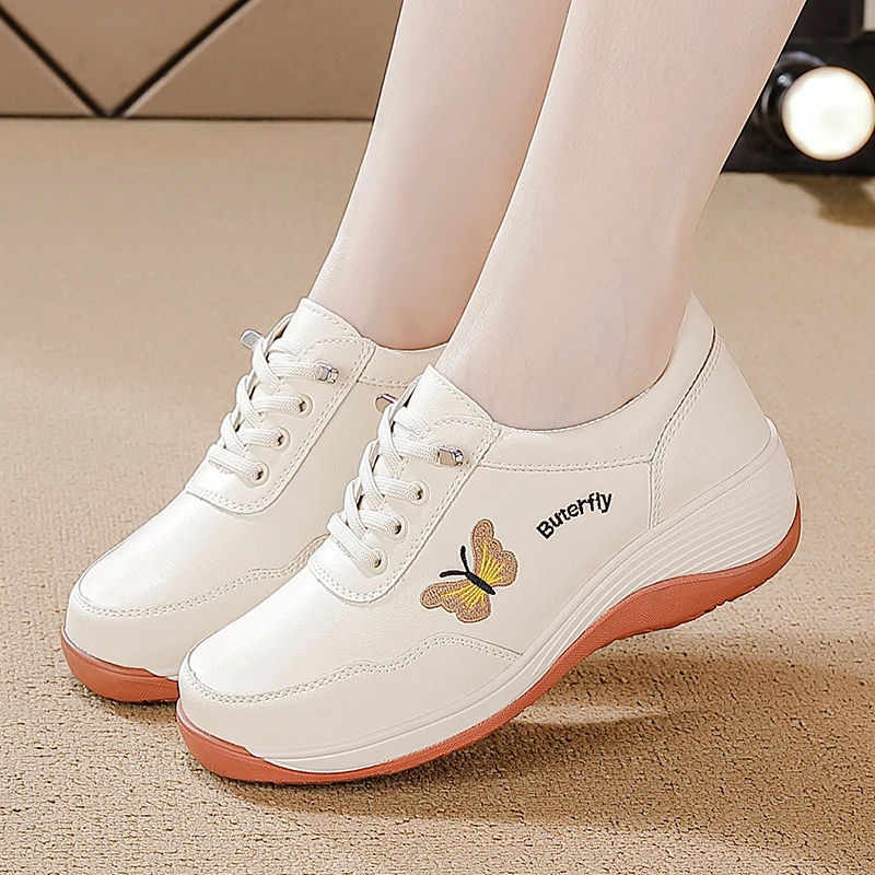 Women's Leather Height-Boosting Walking Shoes Comfortable Travel Sneakers Cushioned Sole Non-Slip Casual Sneakers for All Day