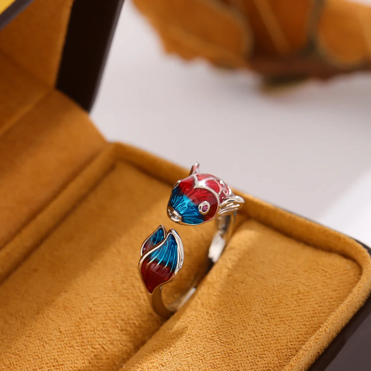 Creative Lucky Transfer Epoxy Blue Carp 925 Sterling Silver Jewelry Personality Colorful Fish Sweet Animal Opening Rings  R318