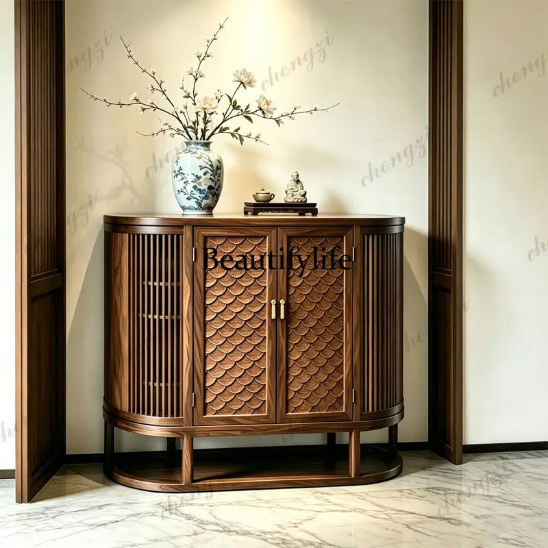 Chinese aesthetic solid wood side cabinet curved entrance cabinet North American black walnut living room storage cabinet