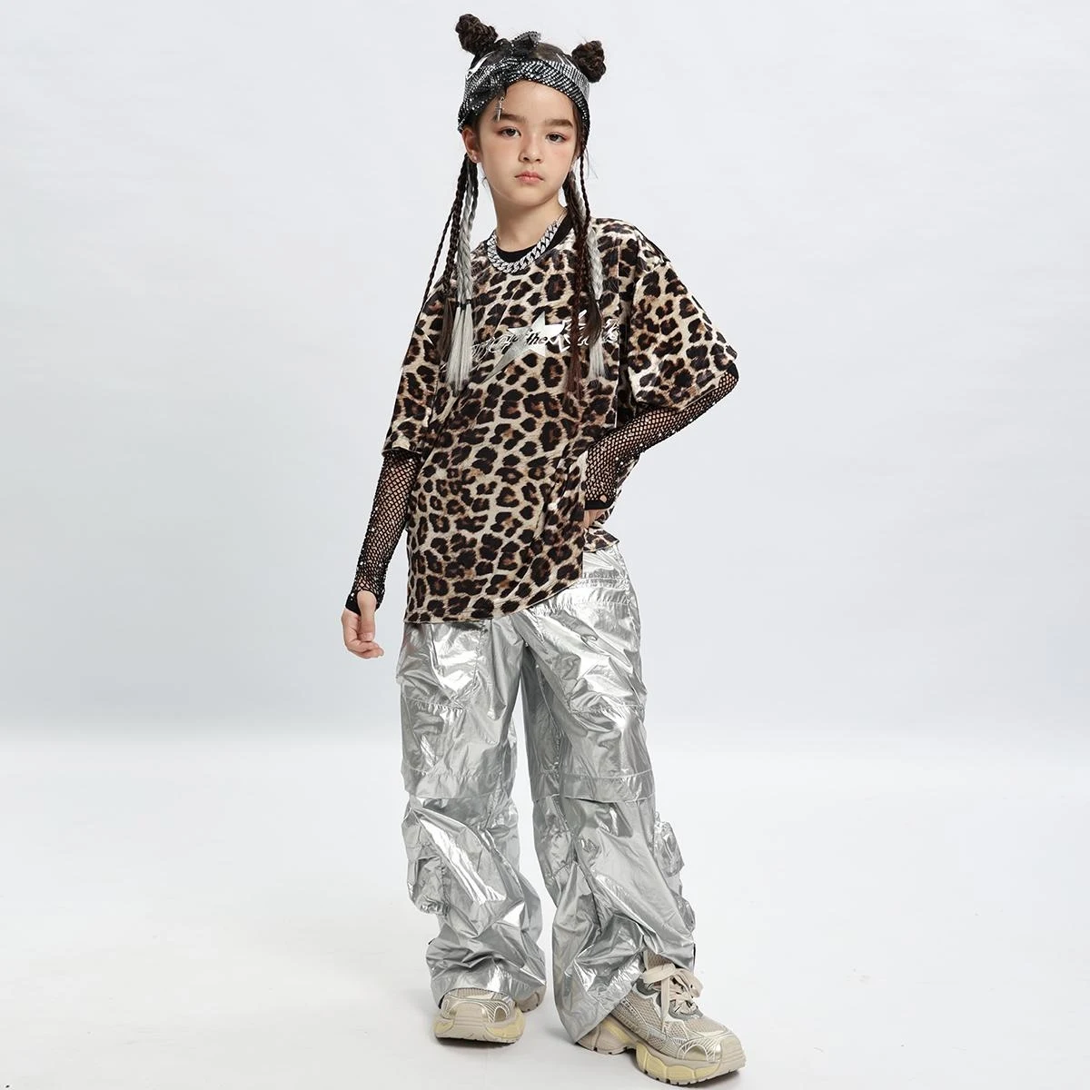 Nieuwe Jazz Kleding Meisjes Luipaard T-Shirt Zilveren Broek Kids Hip Hop Dans Kostuum Kinderen Kpop Stadium Outfit Street Wear XS9202