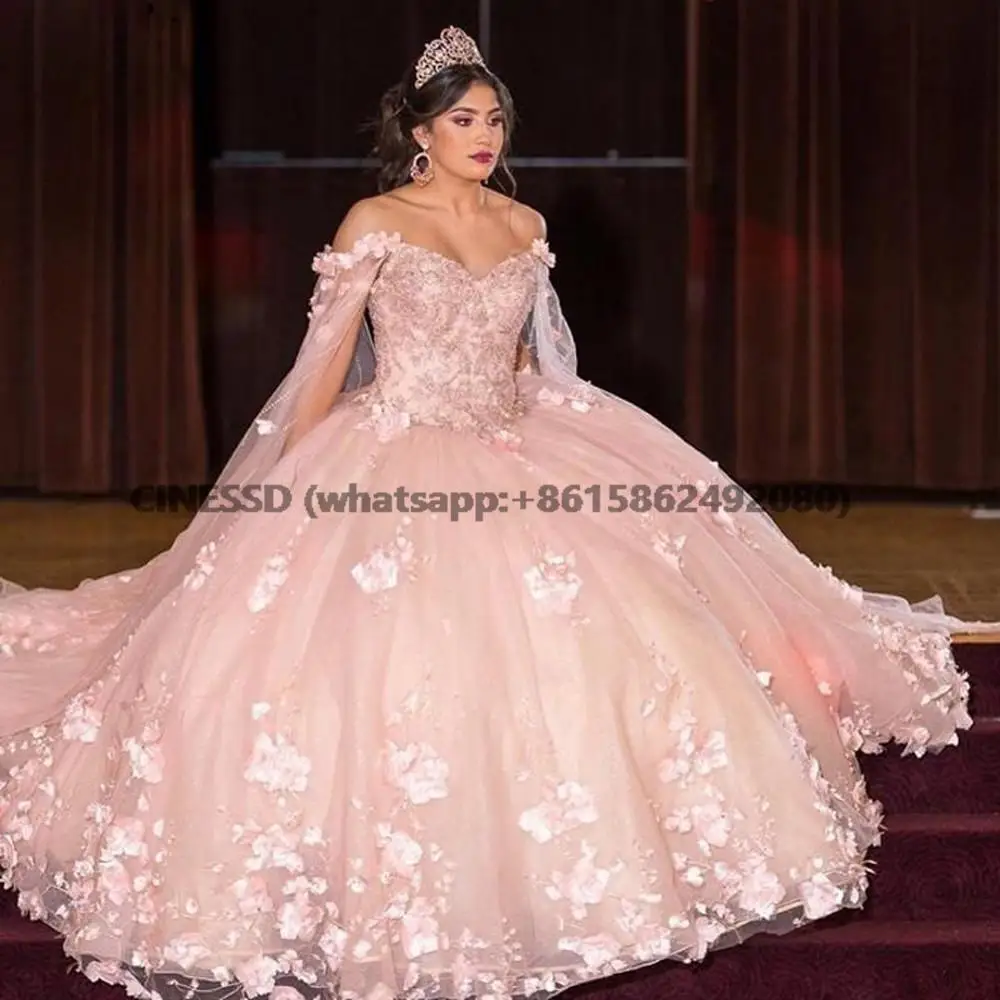 

2022 Luxurious Blush Pink Floral Flowers Quinceanera Prom Dresses with Cape Wrap Ball Gown Robe Rhinestones Evening Formal Party