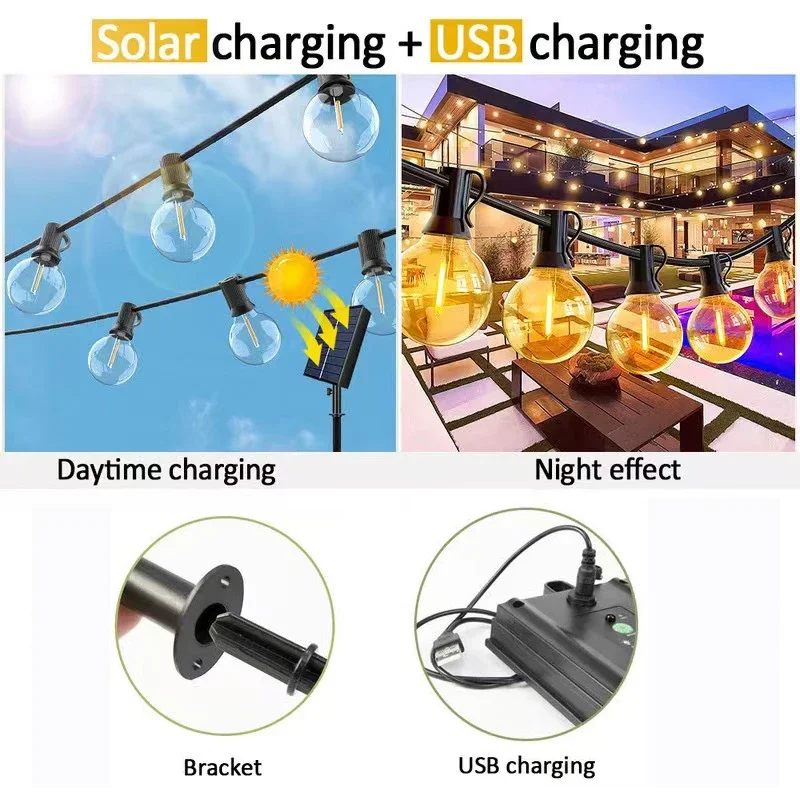 Guirnaldas de luces alimentadas por energía Solar G40, Bombilla de cadena de globo Solar para exteriores, luces colgantes para Patio, decoración