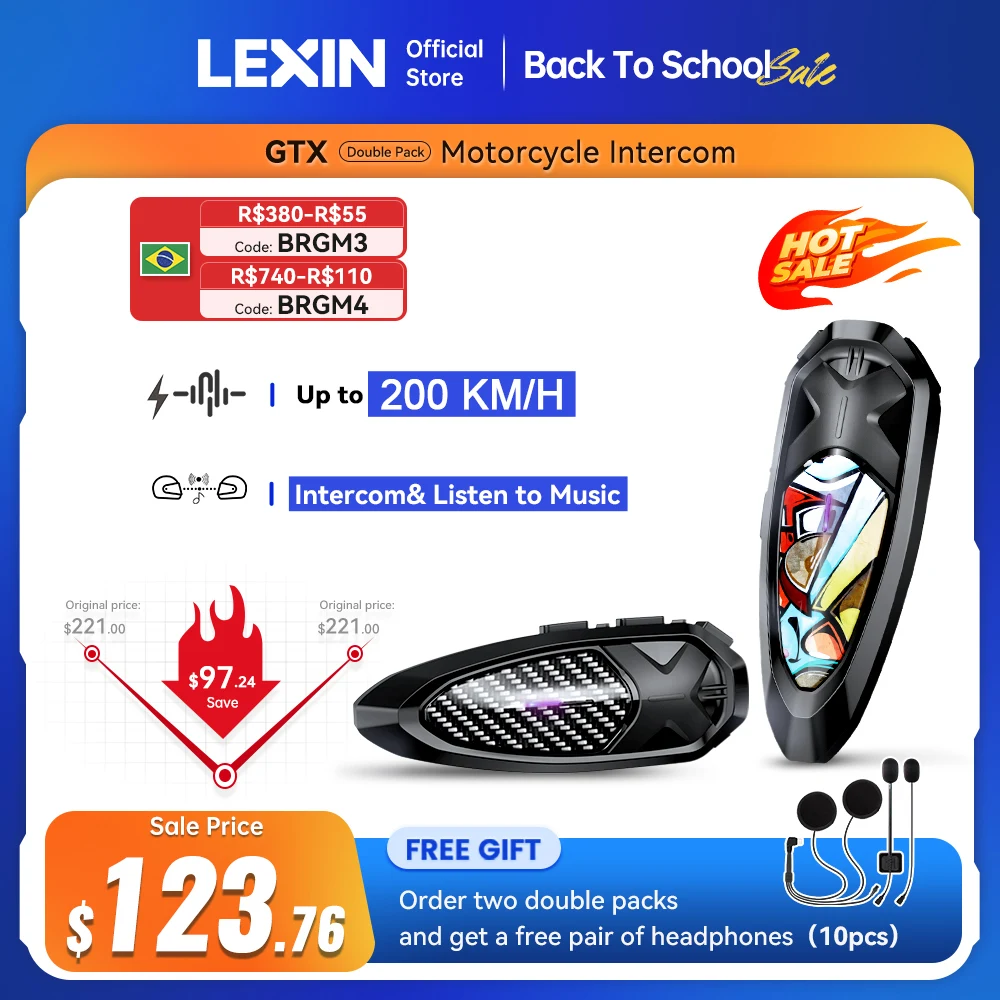 Lexin GTX Intercom Bluetooth For Motorcycle Helmet Headset Support Int
