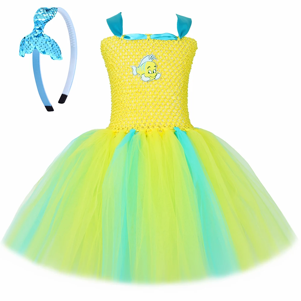 Little Mermaid Flounder Costume Toddler Kids Yellow Tropical Fish Tutu Dress for Girls Halloween Birthday Party Dress Up Clothes