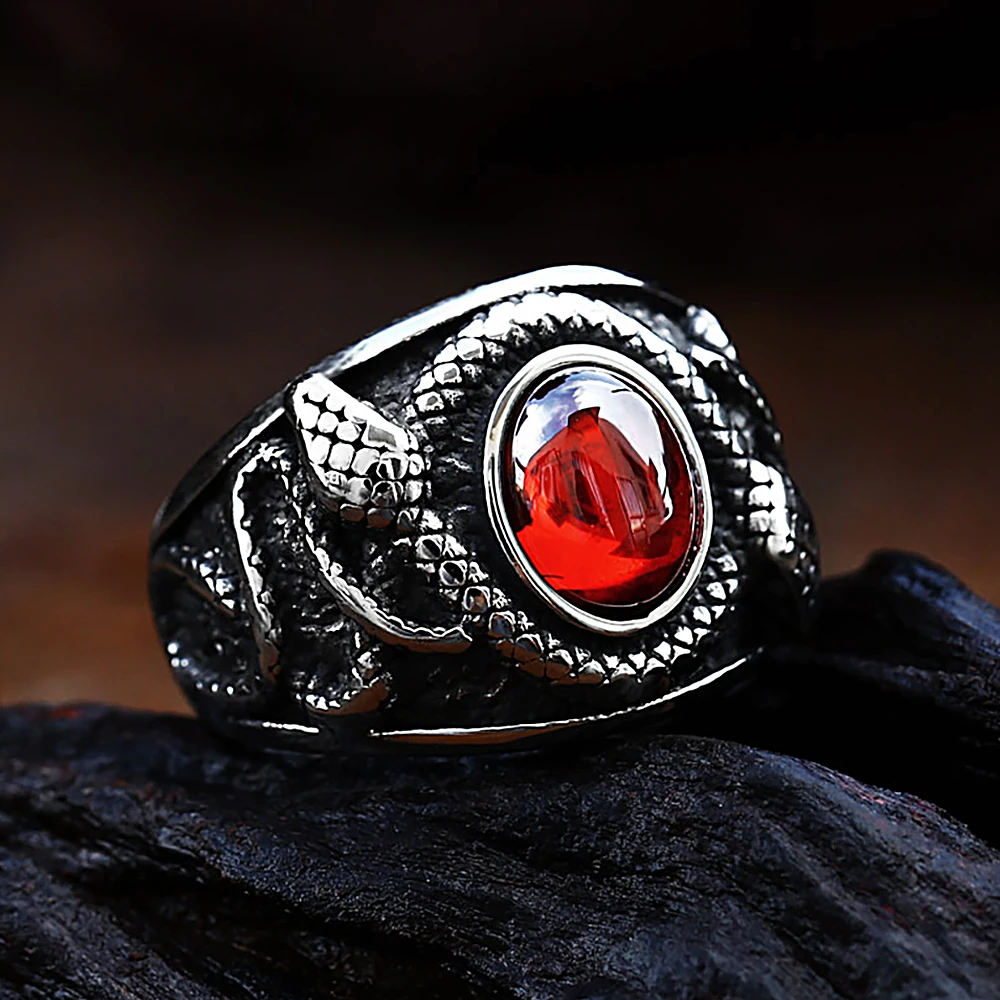 Men Retro Punk Personality Double Headed Snake Inlaid Red Stone Ring Stainless Steel Snake Ring Fashion Jewelry Gift Wholesale