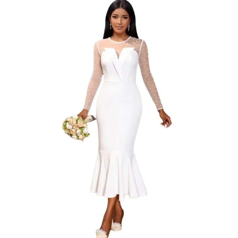 

White Plus Size African Dresses for Women Autumn Elegant Long Sleeve Mesh Polyester Bodycon Midi Dress Dashiki Africa Clothing