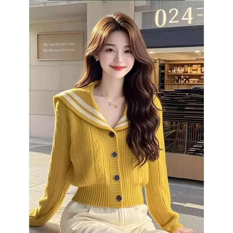 Winter New Women Inspired Yellow Navy Blue Crew Neck Knit Sweater Coat Fashion Unique Top Solid Color Button Slim Cardigan 2024