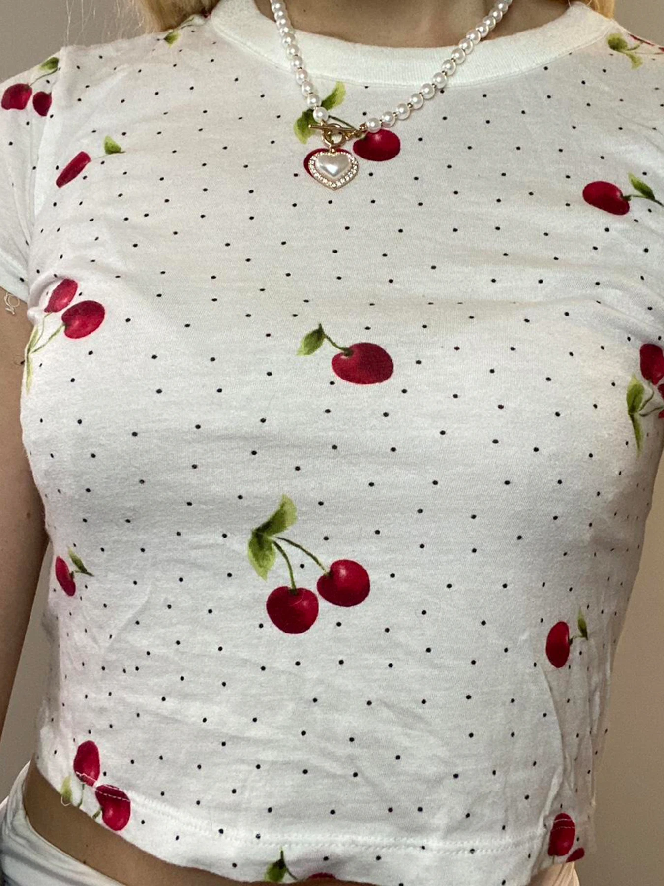 IAMSURE Casual Sweet Cherries Printed Dot Cropped T Shirt Sexy Slim O-Neck Short Sleeve Tees Women Summer Fashion Streetwear