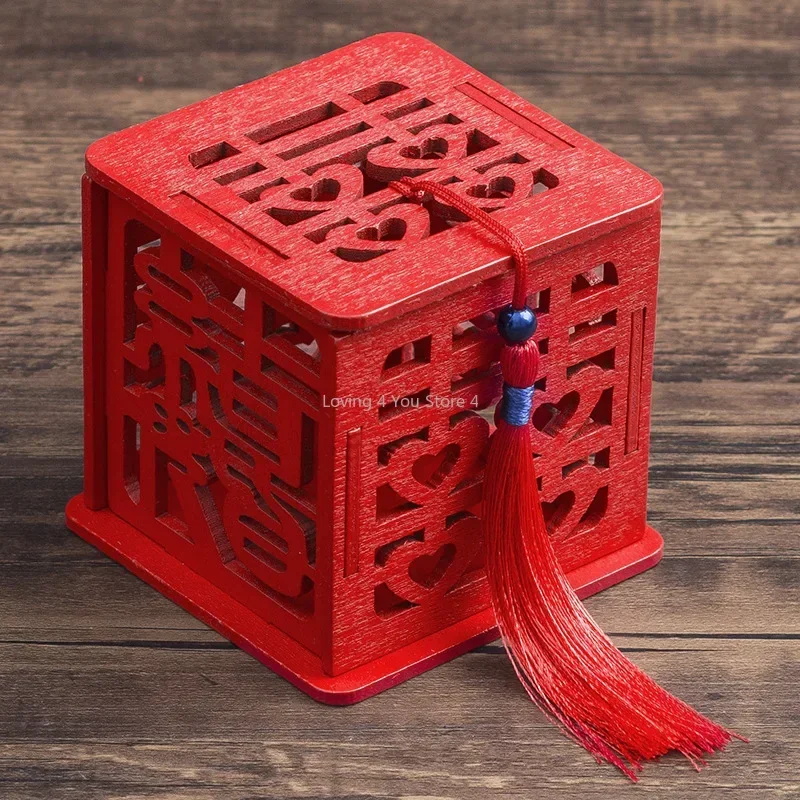 2pcs / 12pcs / 50PCS Chinese red wooden wedding candy box, with Blue Bead Tassel