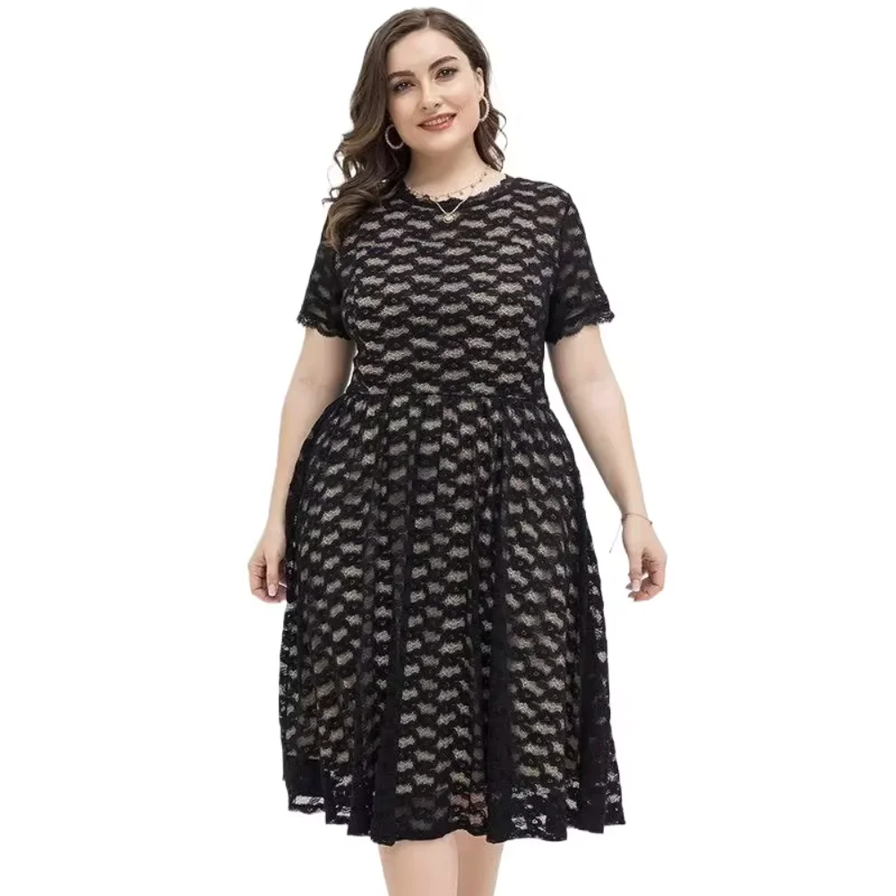 Plus Size Women\'s Elegant Sexy Slim Fit Short Sleeve Lace Dress for Plump Sisters