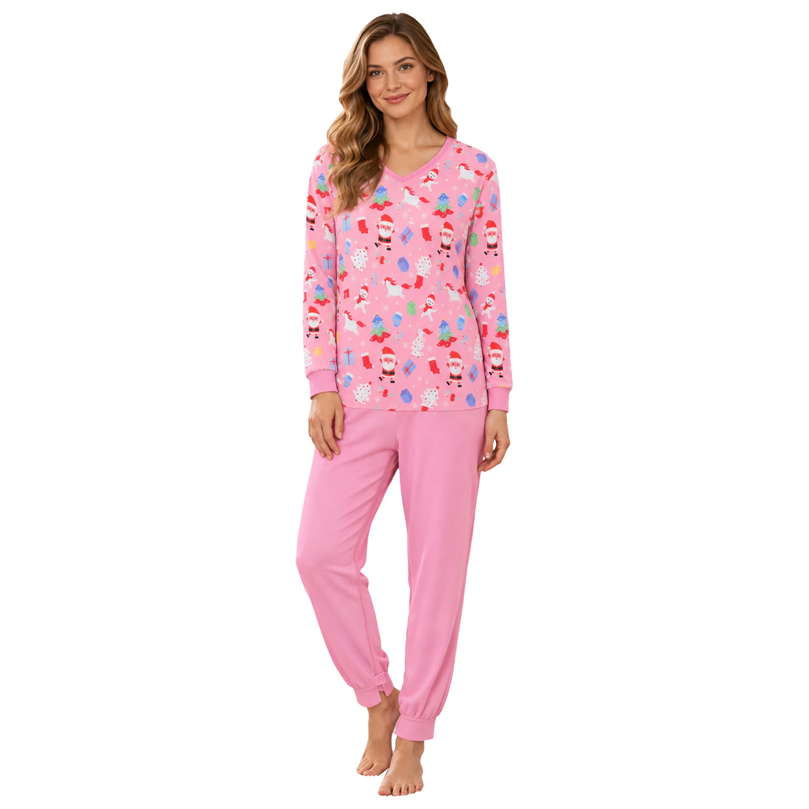 Adults Anti-strip Nursing Jumpsuit V-neck Long Sleeve Zipper Back Crotch Christmas Print Patchwork Bodysuit Nightwear view 3