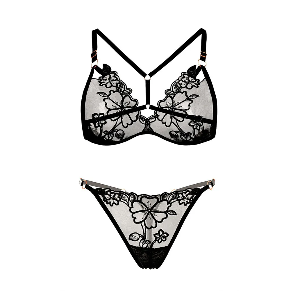 Women Seductive Embroidered Underwear Set Sheer Mesh Underwire Bra With V‑Strap Matching Thong Panties Intimate Lingerie ﻿