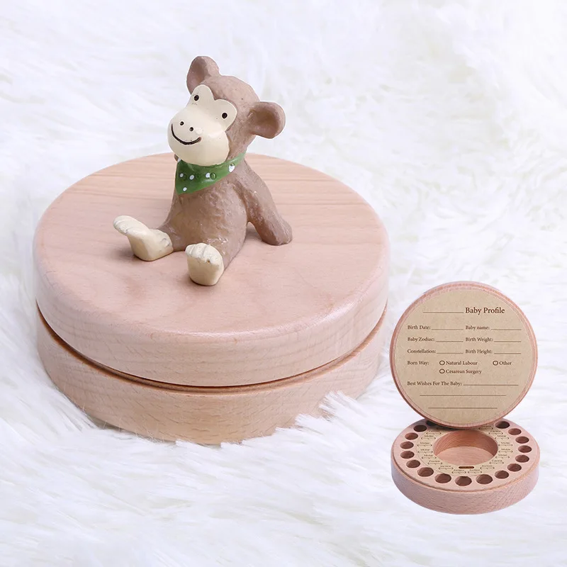 English 3D Cartoon Animal Baby Teeth Box Wooden Lanugo Storage Organizer Souvenirs Birthday Gifts Wooden Souvenir Case Box