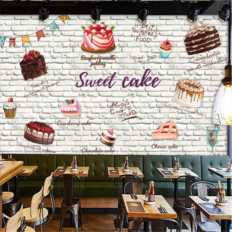 Custom 3D Hand-painted Cake White Brick Wall Background Wallpaper Mural Modern Cake Bakery Shop Industrial Decor Wall Paper 3D