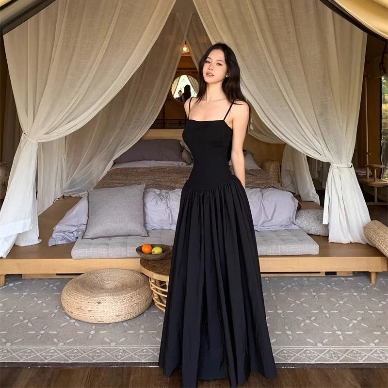 Elegant Hepburn Camis Dress for Women Summer Fashion Spaghetti Straps Midi Dress Y2K Aesthetic Holiday Black Vestidos Mujer