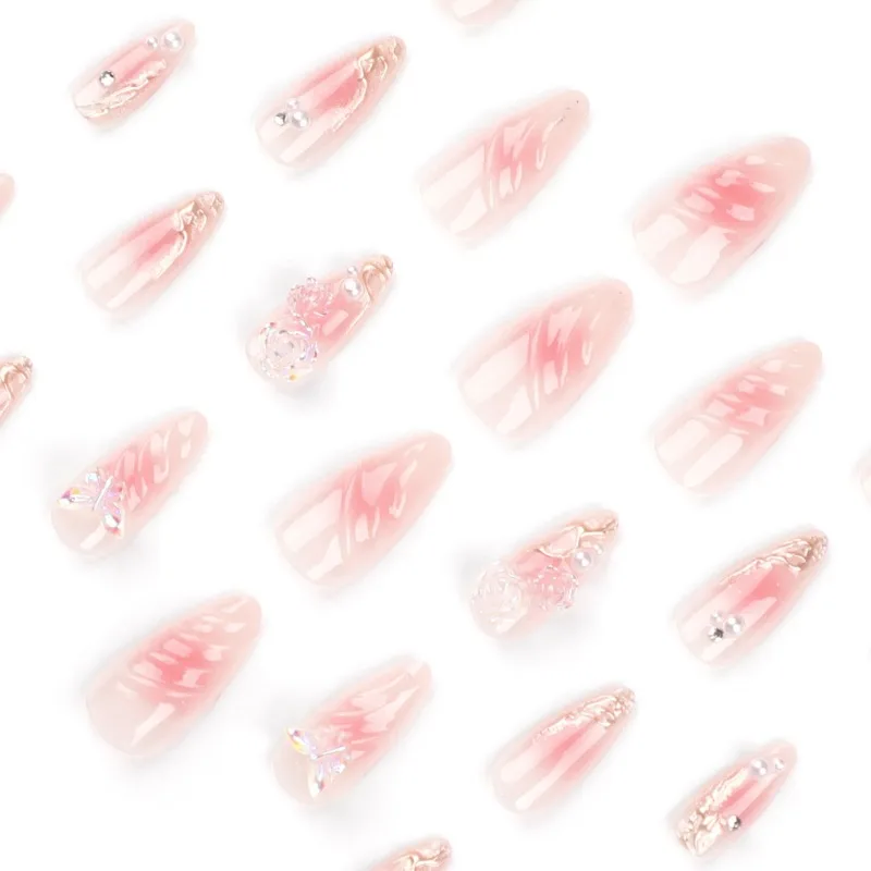 24pcs Press on Acyrlic Nails Long Korean High Quality Pink Almond False Nails with Tools 3d Flower Butterfly Realistic Nail Art