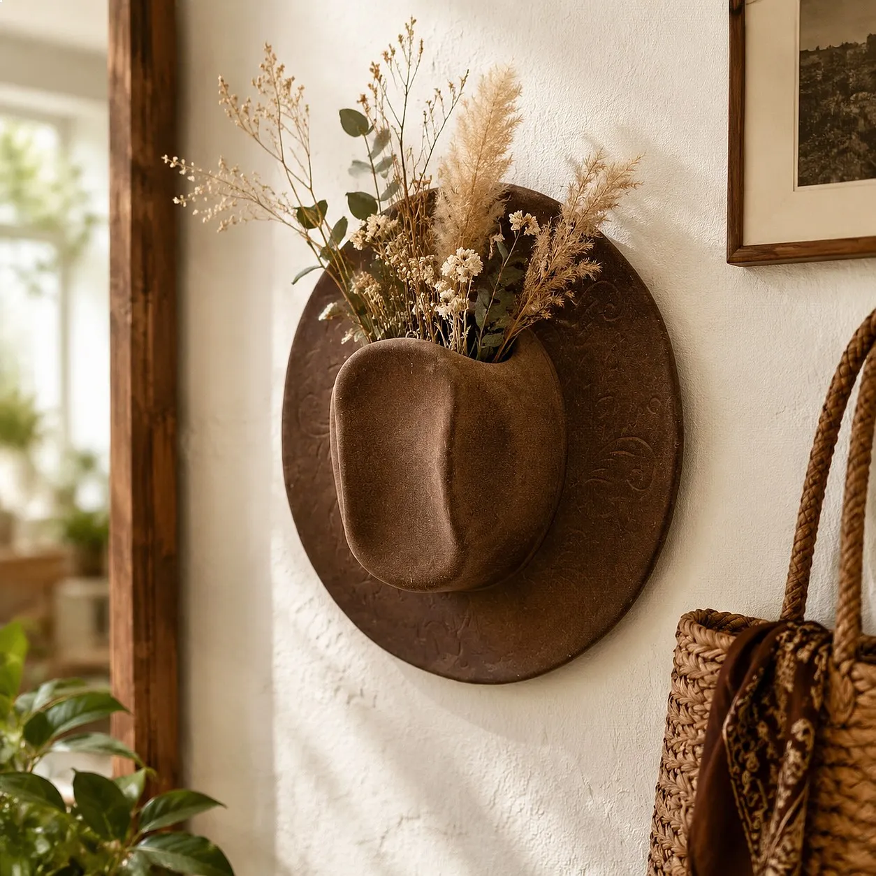 Boho Vintage Denim Hat Wall Vase Holder- Resin Sculpture Hanging Home Wall Art Decor