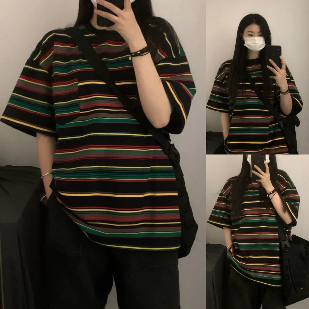 Retro Striped Loose Casual Round Neck Short-sleeve T-shirt Summer Harajuku Students Men & Women Half-sleeve Couple Shirt Top