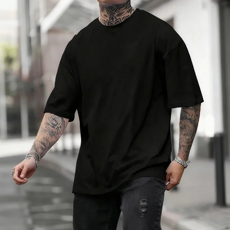 Cotton Hot Sales Mens T-shirt Solid Color Casual Quality Short Sleeve Outdoor Sports Jogging T-shirt Soft Loose Black White Tees