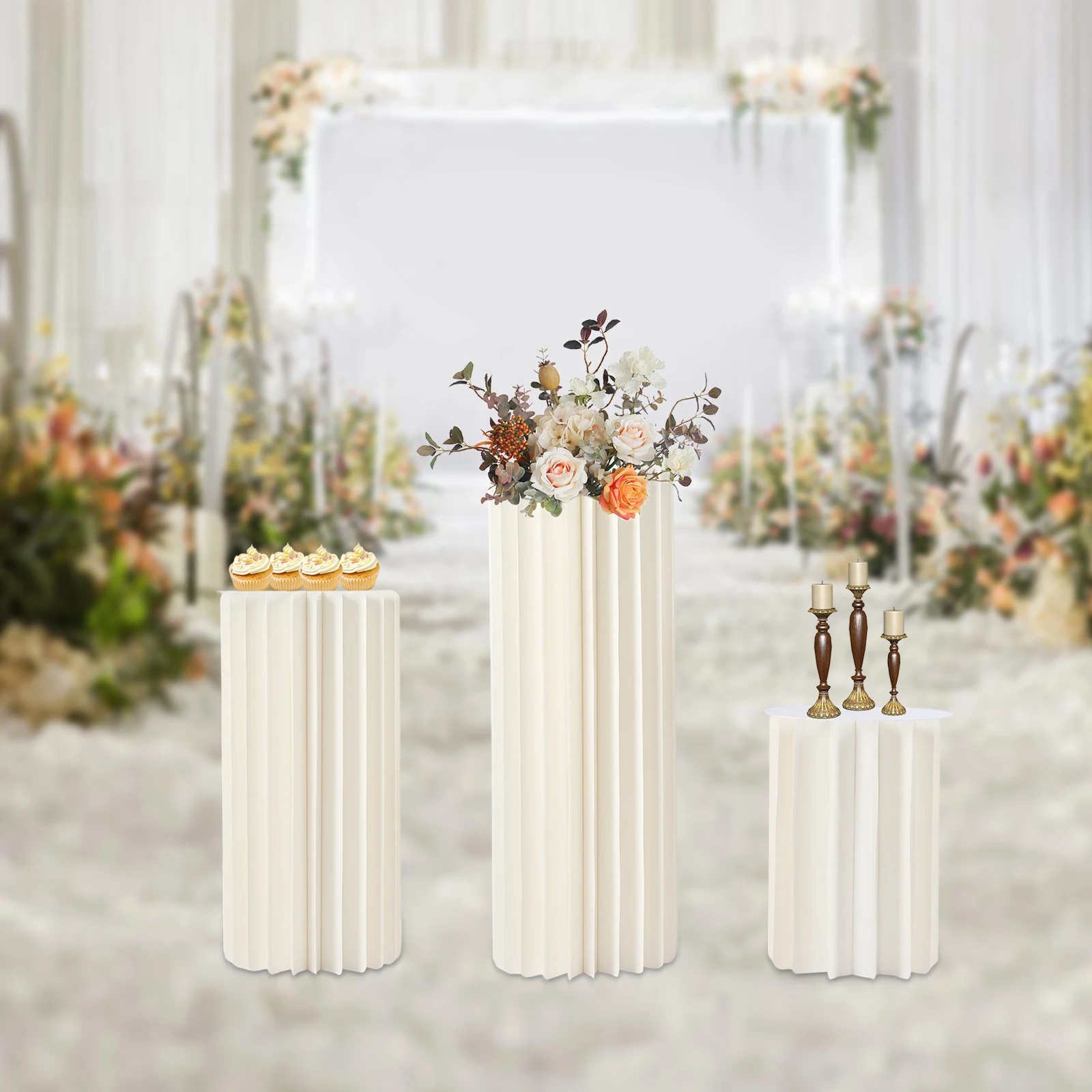 3PCS Wedding Cardboard Flower Column Vases, Foldable Flower Stand Decoration Column White Cylindrical Flower Stands for Birthday