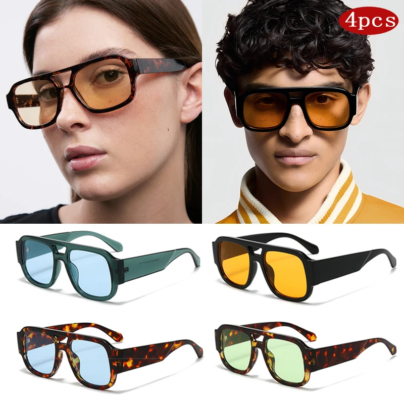 Kacamata Hitam Mobil 4 Pak Kacamata Hitam Persegi Klasik Wanita Bingkai Besar Kacamata Jembatan Ganda Warna Permen Kaki Lebar Warna Luar Ruangan