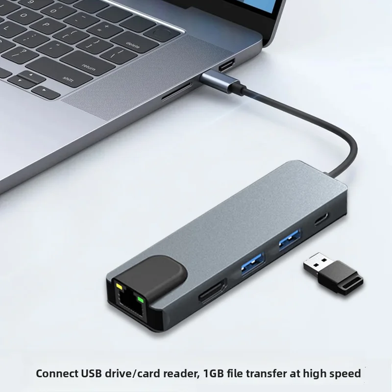 5-in-1 Type-C Hub Featuring 4K/60Hz Video Output USB 3.0 Data Transfer 100Mbps Ethernet and Memory Card Reader