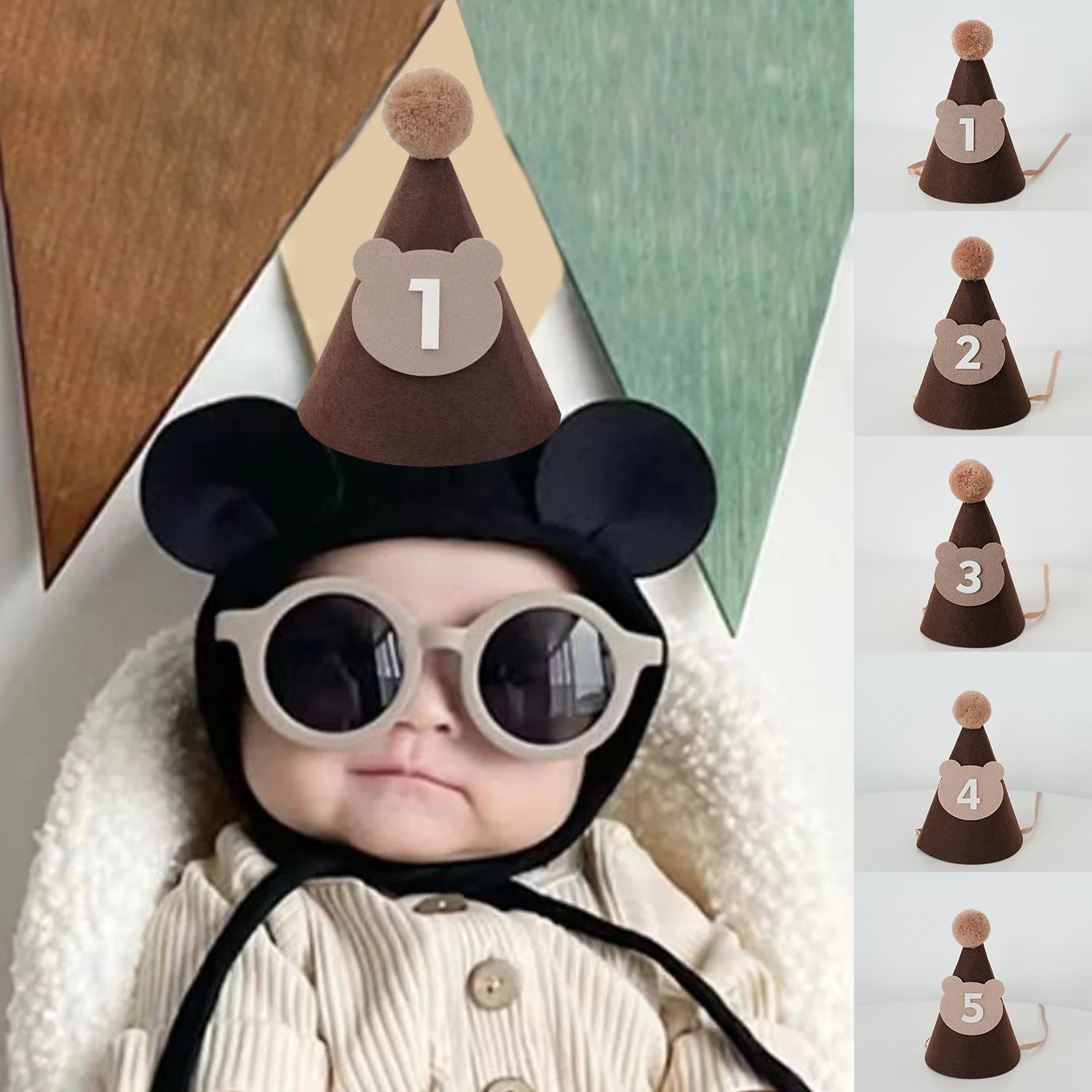 Birthday Hat Kids Brown Coffee Bear Hat 1st 2nd 3rd Year Old Baby Cap The First One 2 3 Year Birthday Party Supplies Photo Props