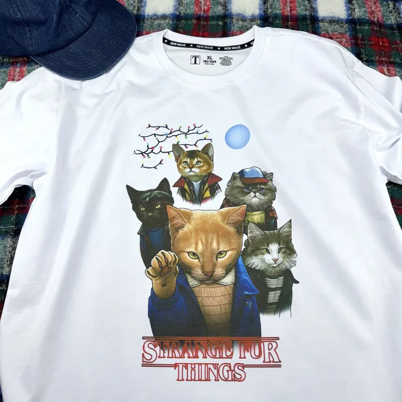 Camiseta con diseño de gatos y criaturas extrañas con temática de cómics para la serie de televisión Stranger Things - Camisa de manga corta de algodón puro para hombre y mujer