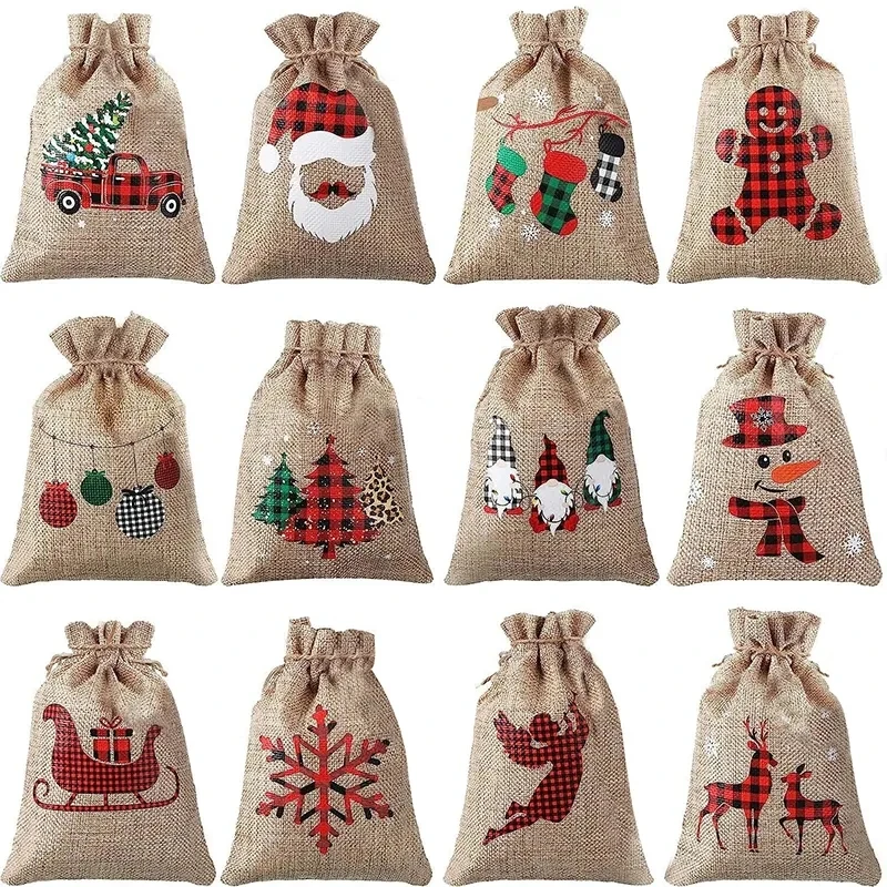 12Burlap Candy Gift bags Merry Xmas eve Holiday party Christmas tree rustic home Fireplace Mantle decoration kid boy girl Gift