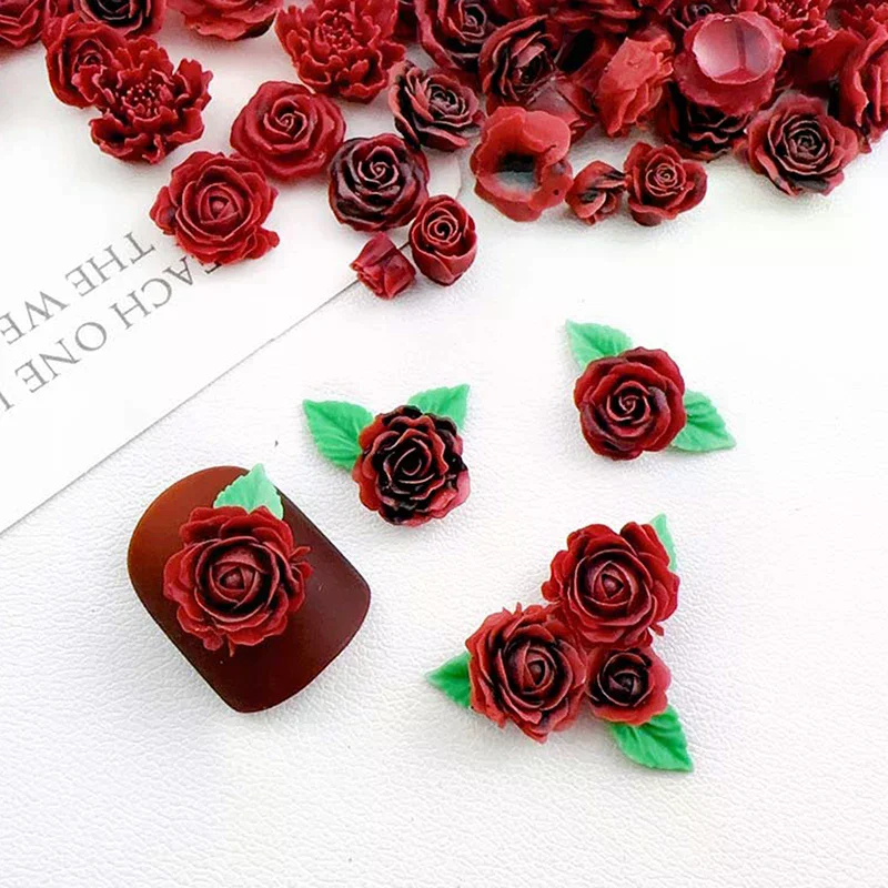 /Kuz/Mixed Wine Red Rose Nail Art Charms 3D Retro Resin Luminous Flowers Nail Decorations Accessories For Nails DIY Salon Rando